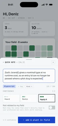 Quick Add on iPhone: a note being typed, with the suggested tag and confidence controls underneath.