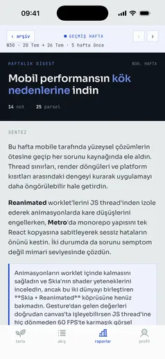 Haftalık özet raporu: haftanın notlarından çıkarılmış, konu konu toparlanmış metin.
